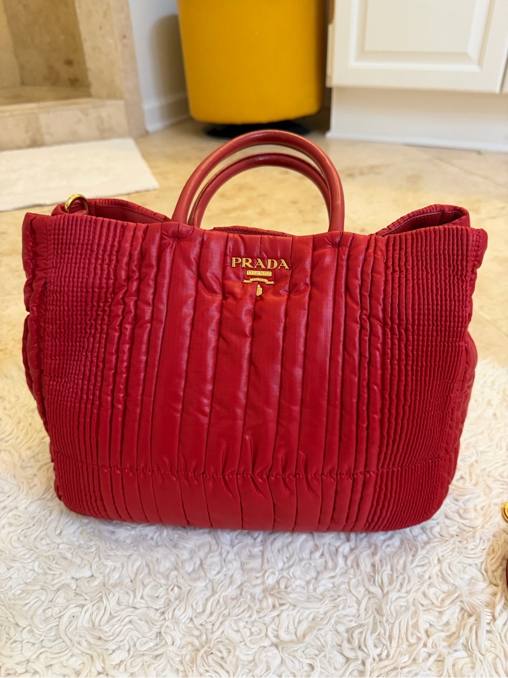 Prada Tessuto Impuntu Red Tote with Gold Logo and Strap
